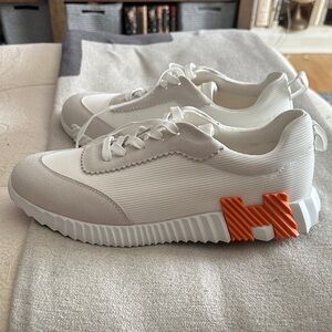 Hermes White and Gray Sneakers with Orange Accent